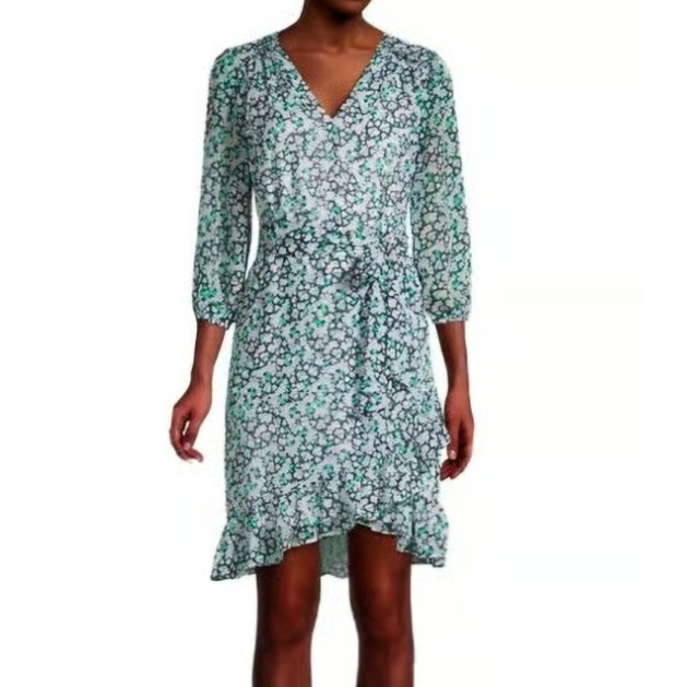 Karl Lagerfeld Blue Green Ditsy Floral V Neck Ruffle Belted Dress Size 8